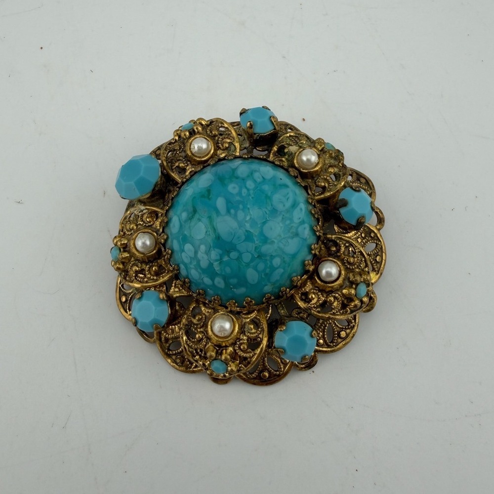 West Germany Brooch Turquoise Vintage Filigree Faux Pearl Glass Cabochon